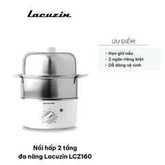 Nồi Hấp 2 Tầng Đa Năng Lacuzin LCZ160 - Hấp Trứng, Rau Củ, Thịt - Thiết Kế Bền Bỉ, Dễ Sử Dụng, Hẹn Giờ Tối Đa 30 Phút