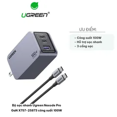 Bộ Sạc Nhanh Ugreen Nexode Pro GaN X757-25873 100W - Cắm Sạc 3 Cổng USB-C, USB-A, Công Nghệ Phân Phối Thông Minh