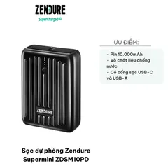Sạc Dự Phòng Zendure Supermini ZDSM10PD 10.000mAh, 2 Cổng USB-C & USB-A, Sạc Nhanh Chống Nước, Pin Mini Gọn Nhẹ, Phụ Kiện Điện Tử Thời Trang