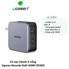 Củ Sạc Nhanh 3 Cổng Ugreen Nexode GaN 140W CD289 - Sạc Đa Năng Cho Laptop & Điện Thoại Với Công Nghệ PD 3.1 và GaN II