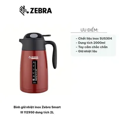 Bình Giữ Nhiệt Inox Zebra Smart III 112950 2L - Chống Rò Rỉ, Giữ Nhiệt 12 Giờ, Thép Không Gỉ, Dễ Dùng, Giải Khát Lý Tưởng