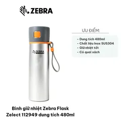 Bình Giữ Nhiệt Zebra Flask Zelect 112949 480ml - Thiết Kế Tinh Tế, Giữ Nóng 8 Giờ, Giữ Lạnh 12 Giờ, Phù Hợp Đi Học, Đi Làm, Đi Picnic