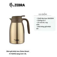 Bình Giữ Nhiệt Inox Zebra Smart IV 112942 1.5L - Kiểu Dáng Hiện Đại, Giữ Nhiệt Lên Đến 12 Giờ, Chất Liệu SUS304 An Toàn