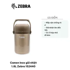 Hộp cơm giữ nhiệt Camen Inox 1.8L Zebra 152440 - Dung tích lớn, thiết kế hiện đại, giữ nóng/lạnh đến 12h, bao gồm 3 hộp nhỏ tiện lợi.