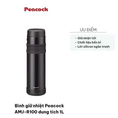 Bình giữ nhiệt Peacock AMJ-R100 1L - Thép không gỉ, Giữ nhiệt lâu, Dùng cho nước nóng/lạnh, Phụ kiện tiện ích cho mùa đông hè