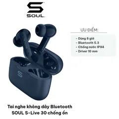 Tai nghe không dây Bluetooth SOUL S-Live 30 chống ồn - Thiết kế nhỏ gọn, Âm thanh chất lượng, Chống nước IPX4, Thời gian sử dụng 30 giờ