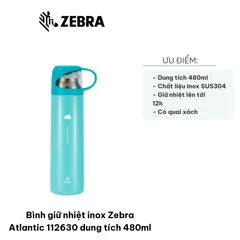 Bình Giữ Nhiệt Inox Zebra Atlantic 112630 480ml - Thiết Kế Nhẹ, Giữ Nhiệt Tối Ưu 12 Giờ, Phù Hợp Đi Làm, Du Lịch