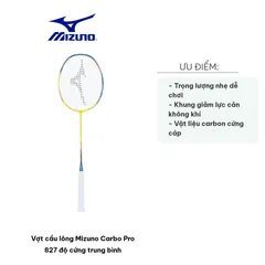Vợt cầu lông Mizuno Carbo Pro 827 - Độ cứng trung bình, khung Aero Dynamic, thiết kế chất lượng cao cho mọi tay vợt thể thao.