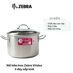 Nồi hầm Inox Zebra Vitalux 3 đáy nắp kính - Chất liệu Inox an toàn, thiết kế bền bỉ, dung tích từ 9.5L đến 18.5L, nấu ăn đa năng