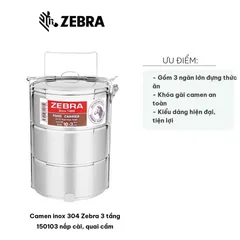 Camen inox 304 Zebra 3 tầng 150103 - Thùng đựng thực phẩm có nắp, quai cầm chắc chắn, tiện lợi dùng hằng ngày
