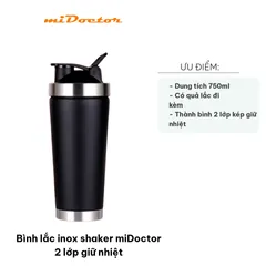 Bình Lắc Inox Shaker miDoctor 750ml - Giữ Nhiệt 6-12h, có Quả Lắc Chuyên Dụng Cho Người Tập Gym, Thể Hình