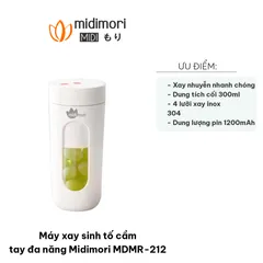 Máy xay sinh tố cầm tay đa năng Midimori MDMR-212 - Công suất 40W, xay nhuyễn đá, trái cây, dễ dàng mang theo, dung tích 300ml