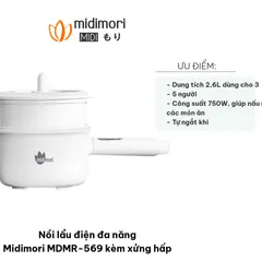 Nồi Lẩu Điện Đa Năng Midimori MDMR-569 Kèm Xửng Hấp, Dung Tích 2.6L, Chất Liệu Gốm Chịu Nhiệt 500°C, Thiết Kế Tiện Lợi Cho Gia Đình 3-5 Người