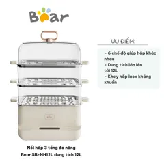 Nồi Hấp 3 Tầng Đa Năng Bear SB-NH12L 12L - Chế Độ Hấp Hải Sản, Thịt, Bánh Bao, Giữ Nhiệt Tự Động, Dễ Dàng Sử Dụng