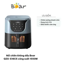 Nồi Chiên Không Dầu Bear QZG-E16C5 Công Suất 1550W, Dung Tích 5 Lít, Bảng Điều Khiển Cảm Ứng Hiện Đại, Chiên Nướng Nhanh Chín