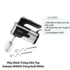 Máy Đánh Trứng Cầm Tay Sokany SK6621 - Công Suất 800W, 5 Tốc Độ, Phù Hợp Làm Bánh và Kem Tích Hợp Đầu Trộn, Dễ Dàng Sử Dụng
