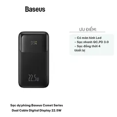 Sạc Dự Phòng Baseus Comet Series 22.5W - Dual Cable Type C & Lightning, Màn Hình LED, Sạc Nhanh QC 3.0, Kẹp Tiện Dụng