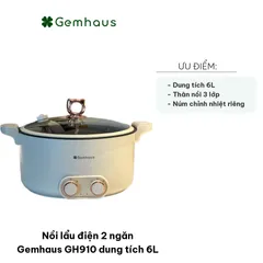 Nồi Lẩu Điện 2 Ngăn Gemhaus GH910 6L - Nấu Được 2 Món Cùng Lúc, Thiết Kế Sang Trọng, Chịu Nhiệt Tốt, Dùng Cho 6-8 Người