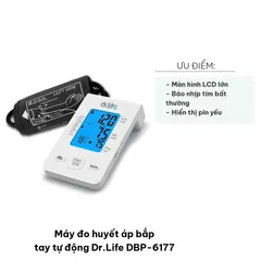 Máy Đo Huyết Áp Bắp Tay Tự Động Dr.Life DBP-6177 - Màn Hình Lớn, Cảnh Báo Nhịp Tim Bất Thường, Nguồn Pin AAA và Cổng USB