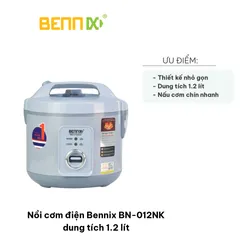 Nồi cơm điện Bennix BN-012NK 1.2L - Thiết kế nhỏ gọn dành cho 2-4 người, công suất 500W, nấu cơm nhanh và ngon.