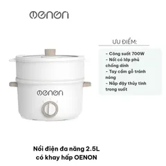 Nồi điện đa năng OENON 2.5L với khay hấp, chống dính, nhiều chức năng nấu như lẩu, hấp, chiên - Giải pháp hoàn hảo cho bữa ăn tiện lợi.