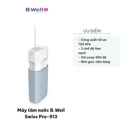 Máy tăm nước B.Well Swiss Pro-913 - Thiết bị vệ sinh răng miệng cầm tay, hỗ trợ hiệu quả, nhỏ gọn, đa chế độ sạc USB tiện lợi.