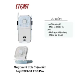 Quạt mini tích điện cầm tay CTFAST F30 Pro - Thiết kế 3 trong 1, 4 tốc độ, sạc USB, bền bỉ, tiện lợi cho mùa hè nóng bức