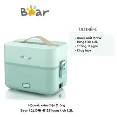 Hộp Nấu Cơm Điện 2 Tầng Bear DFH-B12E1 - Dung Tích 1.2L, Thiết Kế Gọn Nhẹ, Nấu Ăn Tiện Lợi, Hâm Nóng Đồ Ăn Khi Đi Làm, Đi Chơi