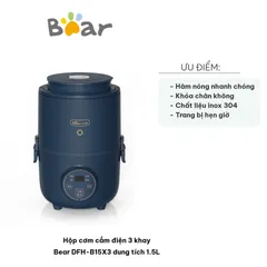 Hộp Cơm Cắm Điện Bear DFH-B15X3 3 Khay Inox Dung Tích 1.5L - Hâm Nóng Nhanh, Tháo Rời Tiện Lợi, Bảo Quản Thực Phẩm An Toàn