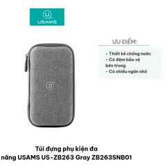 Túi đựng phụ kiện đa năng USAMS US-ZB263 Gray - Bảo vệ thiết bị số, đệm chống va đập, nhiều ngăn tiện lợi cho sạc, tai nghe, và đồ dùng cá nhân.