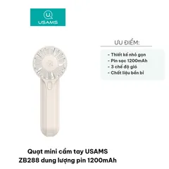Quạt Mini Cầm Tay USAMS ZB288 - Quạt Tích Điện 1200mAh Thiết Kế Nhỏ Gọn, 3 Chế Độ Gió, Sạc USB Tiện Lợi