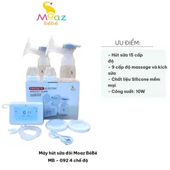 Máy Hút Sữa Đôi Moaz BéBé MB-092 - Thiết Kế Thông Minh, 4 Chế Độ Massage và Hút Sữa, Giúp Mẹ Tiết Kiệm Thời Gian