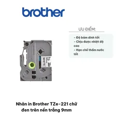 Nhãn in Brother TZe-221 9mm chữ đen trên nền trắng - Băng keo dính chắc cho máy P-touch chất lượng cao, dễ đọc, chịu nhiệt tốt