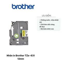 Nhãn in Brother TZe-631 12mm Chữ Đen Nền Vàng - Bền Bỉ, Chịu Nhiệt, Chống Nước - Giải Pháp Lý Tưởng Cho Văn Phòng, Dán Nhiều Bề Mặt