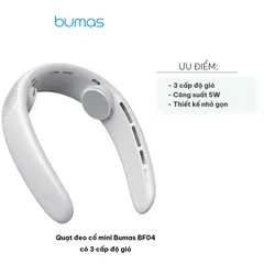 Quạt Đeo Cổ Mini Bumas BF04 - Quạt Tích Điện Có 3 Cấp Độ Gió, Dung Lượng Pin 3000mAh, Thời Gian Sử Dụng 10 Giờ, Thiết Kế Tiện Dụng