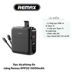 Sạc Dự Phòng Remax RPP20 15000mAh - Sạc Nhanh QC3.0 & PD3.0 Cho 4 Thiết Bị, Nhỏ Gọn, Tiện Lợi, Đèn LED Thông Báo Pin