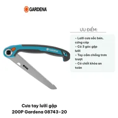 Cưa tay lưỡi gập 200P Gardena 08743-20 - Máy cưa thép chống gỉ sắc bén, dễ mang theo, phù hợp cho công việc cắt chỉnh sửa trong vườn.