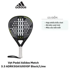 Vợt Padel Adidas Match 3.3 ADRK5GA1U0010F Đen/Xanh Lime - Công Nghệ Tăng Cường Độ Cứng, Đánh Chắc Chắn và Kiểm Soát Hoàn Hảo