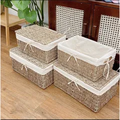Giỏ Cói Đựng Đồ Hình Chữ Nhật Có Nắp - Sản Phẩm Thủ Công Tinh Tế, Đẹp Mộc Mạc Cho Nội Thất Phòng Khách, Phòng Ngủ