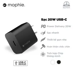 Bộ Sạc Nhanh Mophie Power Delivery 20W USB-C - Tích Hợp 1 Cổng Sạc Nhanh Cho iPhone, iPad, Thiết Bị PD Khác