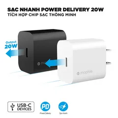 Bộ Sạc Nhanh Mophie Power Delivery 20W USB-C - Tích Hợp 1 Cổng Sạc Nhanh Cho iPhone, iPad, Thiết Bị PD Khác