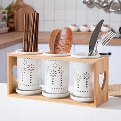Set 3 Ống Cắm Đũa Gốm Sứ Cao Cấp Kèm Kệ Gỗ - Bộ Dụng Cụ Nhà Bếp Thân Thiện Với Môi Trường, Chất Liệu An Toàn