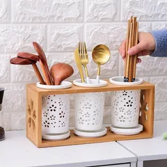 Set 3 Ống Cắm Đũa Gốm Sứ Cao Cấp Kèm Kệ Gỗ - Bộ Dụng Cụ Nhà Bếp Thân Thiện Với Môi Trường, Chất Liệu An Toàn