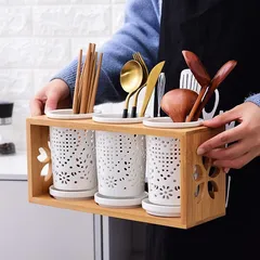 Set 3 Ống Cắm Đũa Gốm Sứ Cao Cấp Kèm Kệ Gỗ - Bộ Dụng Cụ Nhà Bếp Thân Thiện Với Môi Trường, Chất Liệu An Toàn