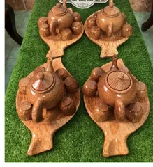 Bộ bình trà gỗ dừa hình chiếc lá độc đáo - Trang trí phòng khách phong cách cổ điển sang trọng, Set gồm 1 ấm và 6 chén uống trà.