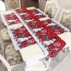 Bộ 5 tấm trải bàn ăn Giáng Sinh cao cấp với họa tiết người tuyết, bông tuyết và hoa đỏ - Trang trí tiệc Giáng Sinh ấm cúng