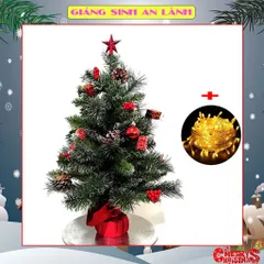 Cây Thông Noel Mini Để Bàn 60cm Với 3 Lá + Đèn LED 8m - Trang Trí Giáng Sinh Siêu Đẹp, Sang Trọng