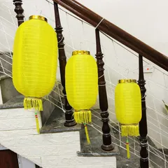 Combo 3 Đèn Lồng Vải Hình Trụ Nhiều Màu Có Tua Đuôi Vàng - Trang Trí Tết Bằng Vải Cotton Chống Thấm Nước, Khung Thép Chắc Chắn