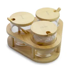 Bộ 3 Lọ Thủy Tinh Đựng Gia Vị Khay Gỗ Hobby - Tiện Lợi, An Toàn, Dụng Cụ Nhà Bếp Thông Minh cho Mọi Gia Đình