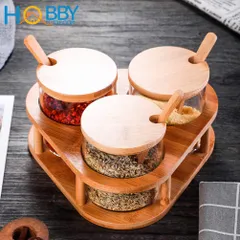 Bộ 3 Lọ Thủy Tinh Đựng Gia Vị Khay Gỗ Hobby - Tiện Lợi, An Toàn, Dụng Cụ Nhà Bếp Thông Minh cho Mọi Gia Đình